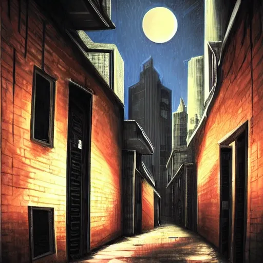 Prompt: futuristic evil city at dusk. figure is obscured by darkness with two bright, shining eyes peering out from the shadows of an alley. cgartist