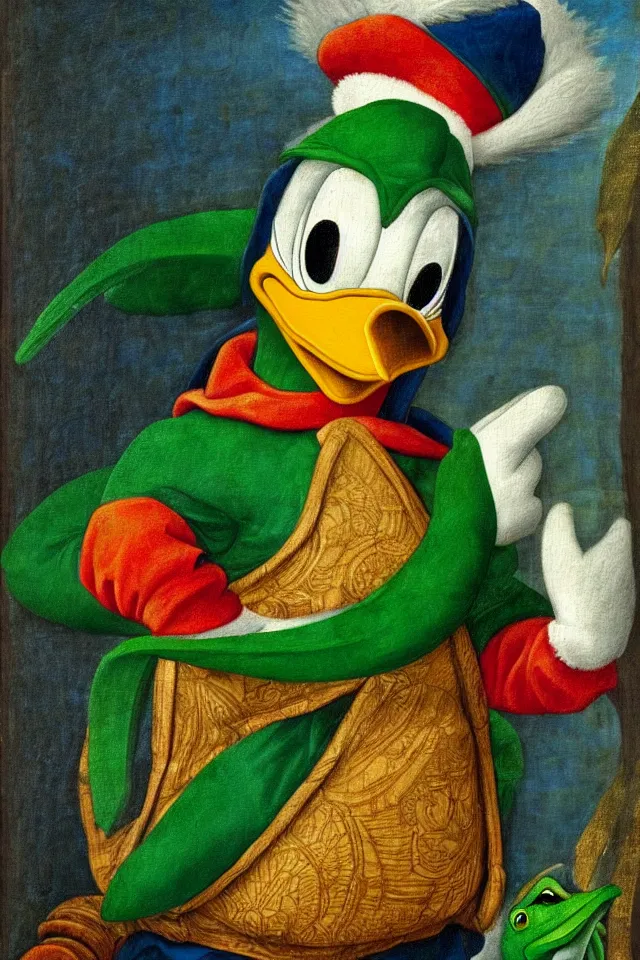 Image similar to a renaissance portrait of donald duck as a green parrot ninja turtle, beautiful intricate painting