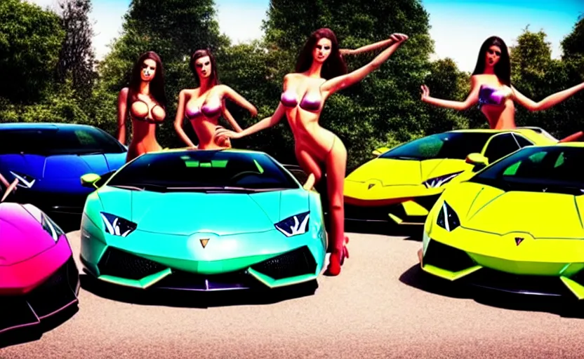 Image similar to a surreal colourful painting of a lamborghini surrounded by very very impressive female models