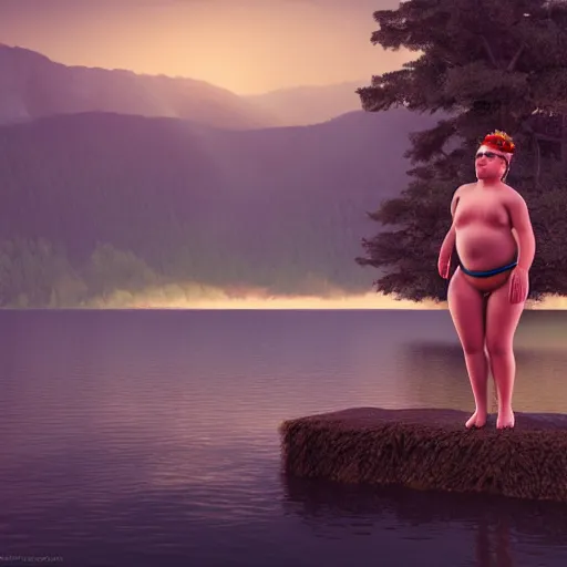 Image similar to spectacular ancient little fat girl with fur cloth, standing on the edge of the beautiful lake. clear beautiful fat face. morning time. an amazingly beautiful scene. beautiful lighting, 4 k post - processing, trending in art station, cg society, highly detailed, 5 k extremely detailed, 3 d. cinematic scene.