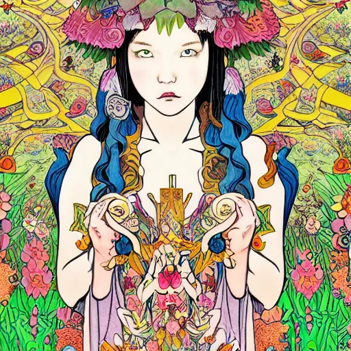 Prompt: a young NeoPagan Goddess of Spring, inside her temple, in a blended style by Junko Mizuno, Henry Darger, and Peter Chung, hyper detailed, photorealistic digital art, flat colors, extremely fine inking lines