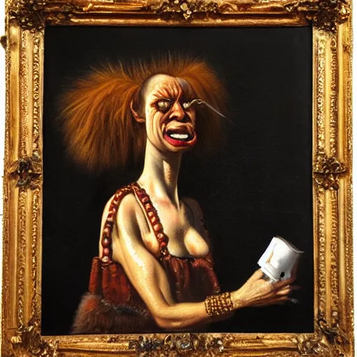 Image similar to disturbing dutch golden age oil painting by christian rex van minnen portrait of an extremely bizarre mutated grotesque proteus syndrome woman wearing fancy fur and jewels with intense chiaroscuro lighting cast shadows perfect composition masterpiece