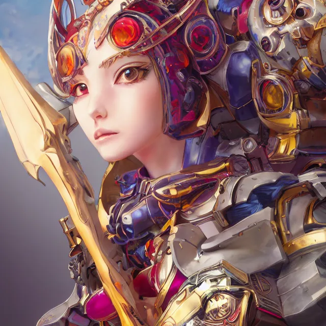 Image similar to studio portrait of lawful good colorful female holy mecha paladin absurdly beautiful, elegant, young cute anime girl, ultrafine hyperrealistic detailed face illustration by kim jung gi, irakli nadar, intricate linework, sharp focus, bright colors, matte, octopath traveler, final fantasy, unreal engine highly rendered, global illumination, radiant light, intricate environment