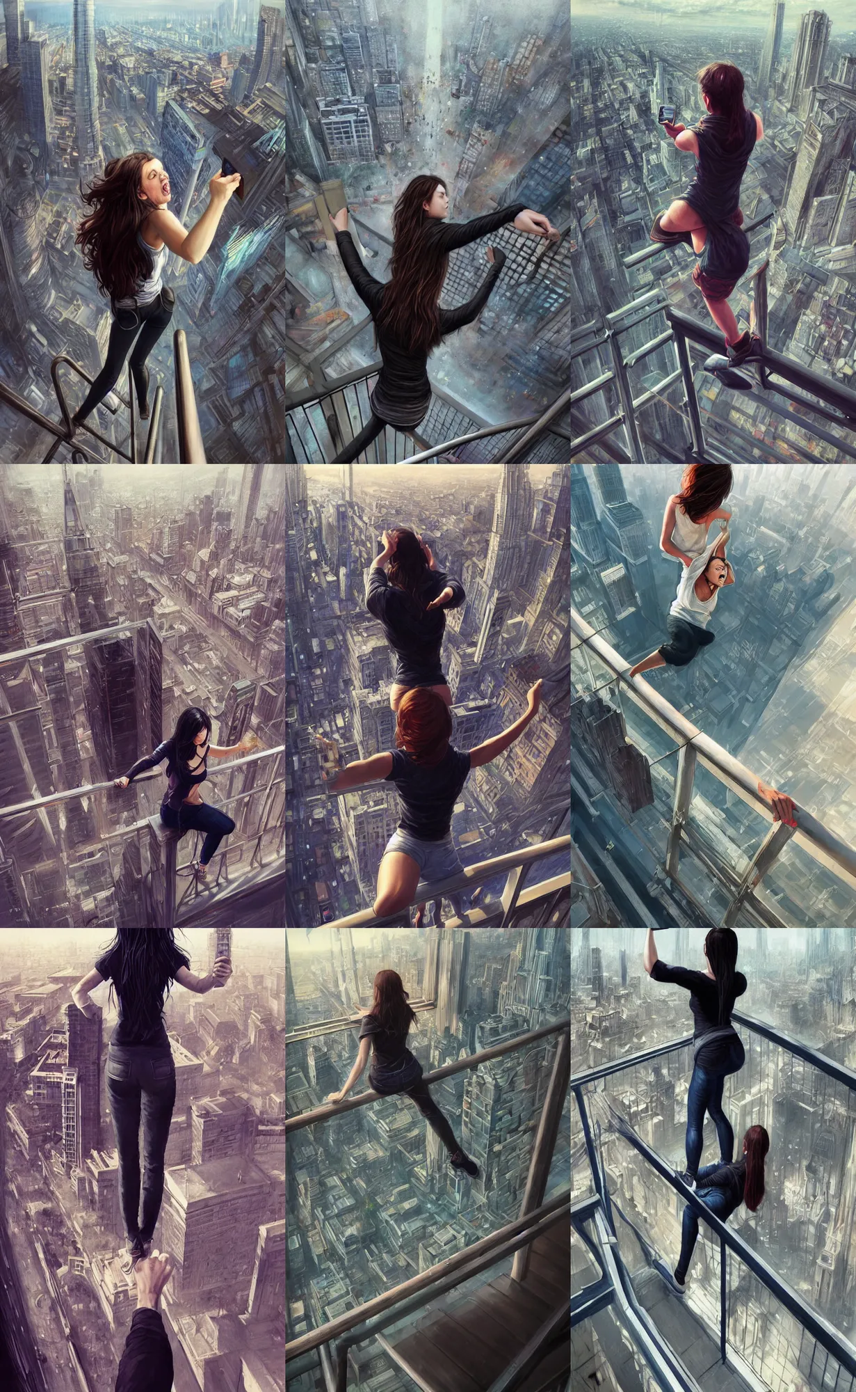 Prompt: high angle full body shot, screaming woman sitting on railing taking dangerous reckless selfie realizing she is about to fall, background is view looking down at a city, digital painting, intricately detailed, highly detailed, artwork by greg rutkowski, artwork by ross tran, artwork by randy vargas, artwork by artgerm, artwork by alex garner, trending on artstation