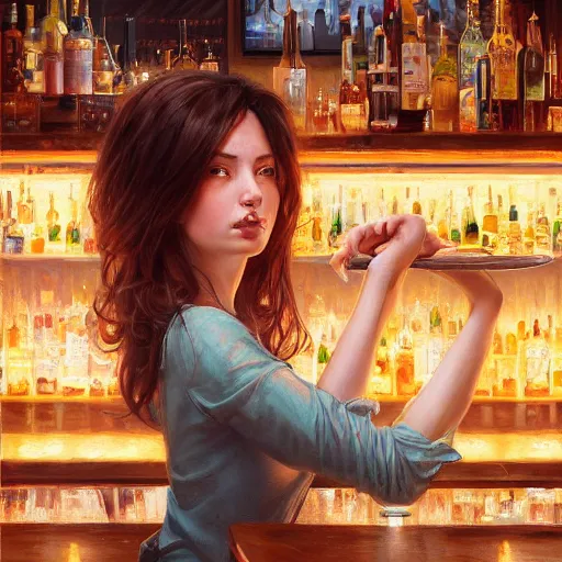 Image similar to highly detailed painting of a beautiful female drunk in a bar, stephen bliss, 8 k, unreal engine, by greg rutkowski, loish, rhads, artgerm, ferdinand knab, makoto shinkai and lois van baarle, ilya kuvshinov, rossdraws, tom bagshaw, global illumination, radiant light, detailed and intricate environment