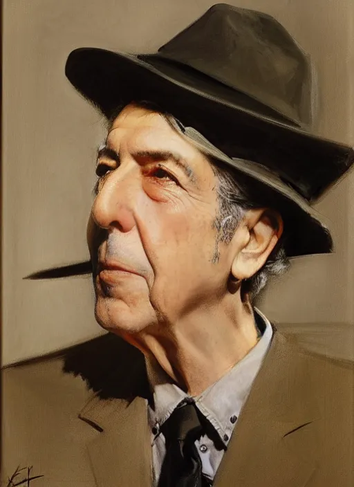 Image similar to Leonard Cohen, wearing a trilby hat, portrait by John Singer Sargent, by Frank McCarthy, by Robert McGinnis