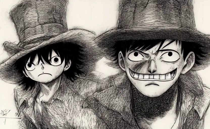 Image similar to [ luffy mustache ] ( by kim jung gi ) ( by kentaro miura )