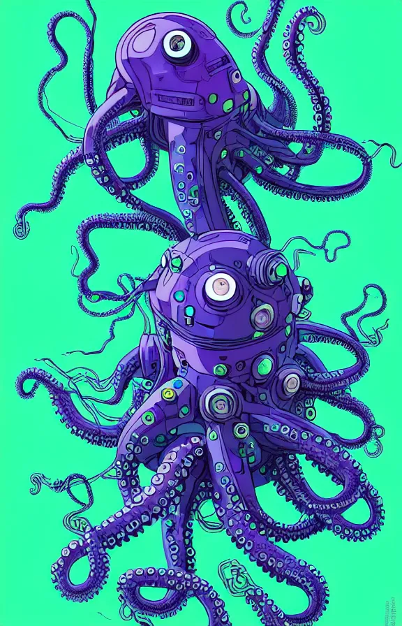 Image similar to robotic cyberpunk octopus by miyazaki, blue green purple color palette, illustration, kenneth blom, mental alchemy, james jean, pablo amaringo, naudline pierre, contemporary art, hyper detailed