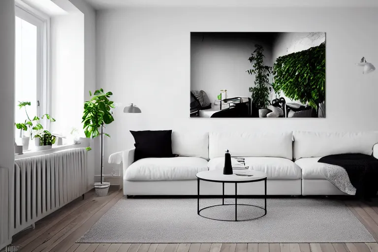 Image similar to highly detailed wide angle photograph, ikea style, light bloom, atmospheric, cinematic, minimalist contemporary modern design living room, cozy, calm, plants, big canvas art, hardwood floor, white walls, fabric and textiles