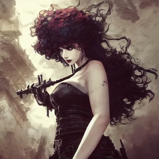 Image similar to christina hendricks goth, tankoban, 4 k, tone mapping, akihiko yoshida, james jean andrei riabovitchev marc simonetti, yoshitaka amano, long hair, curly, h. hydrochaeri