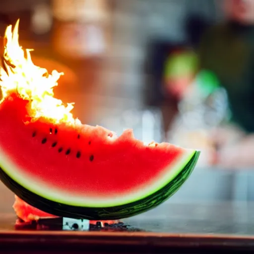 Image similar to photo of a watermelon on fire in a bar