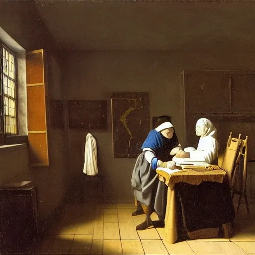 Prompt: An oil painting of Antonie van Leeuwenhoek sat at an escritoire desk with his hand touching a large fossil, there is a window with muntins to his left and a wood closet behind him, in the style of The Astronomer by Vermeer, Dutch Golden Age, Old Masters