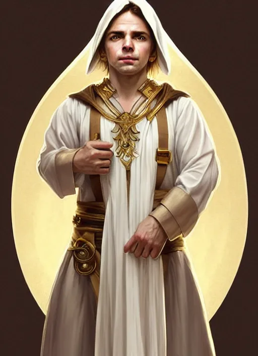 Prompt: symmetry!! portrait of a young halfling male cleric, white robe with gold accents, light brown hair ponytail!!!, wry smirk, brown, gold and white cloak, necklace, elegant, highly detailed, digital painting, artstation, concept art, smooth, sharp focus, illustration, art by artgerm and greg rutkowski and alphonse mucha