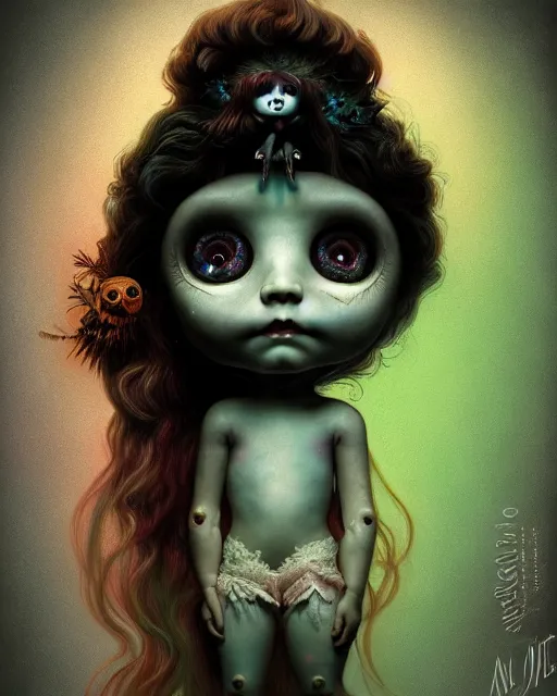 Prompt: one singular portrait of a cute bioluminescent creepy doll, post grunge, highly detailed, digital painting, cinematic, hyper realism, dark retrowave, art by mark ryden and pixar and artgerm and magali villeneuve and alphonse mucha, artstation, octane render, cgsociety