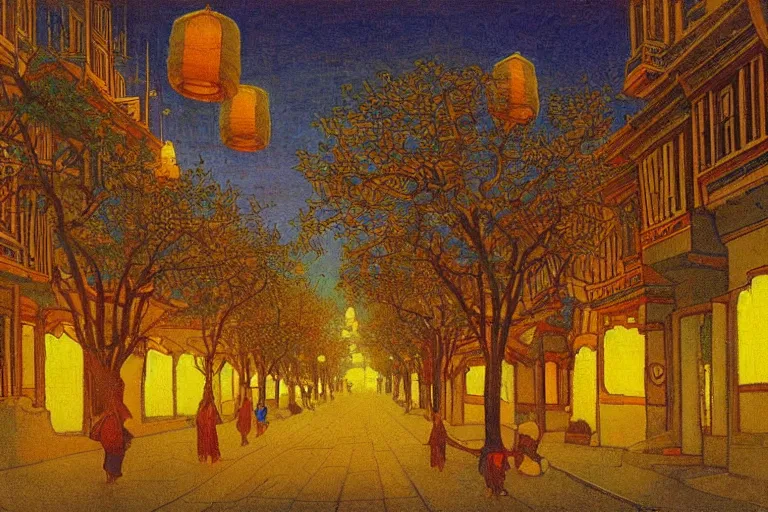 Image similar to tree-lined street at twilight in a very old very beautiful city by Thomas Seddon and Nicholas Roerich, glowing paper lanterns, strong dramatic cinematic lighting , ornate tiled architecture, lost civilizations, smooth, sharp focus, extremely detailed