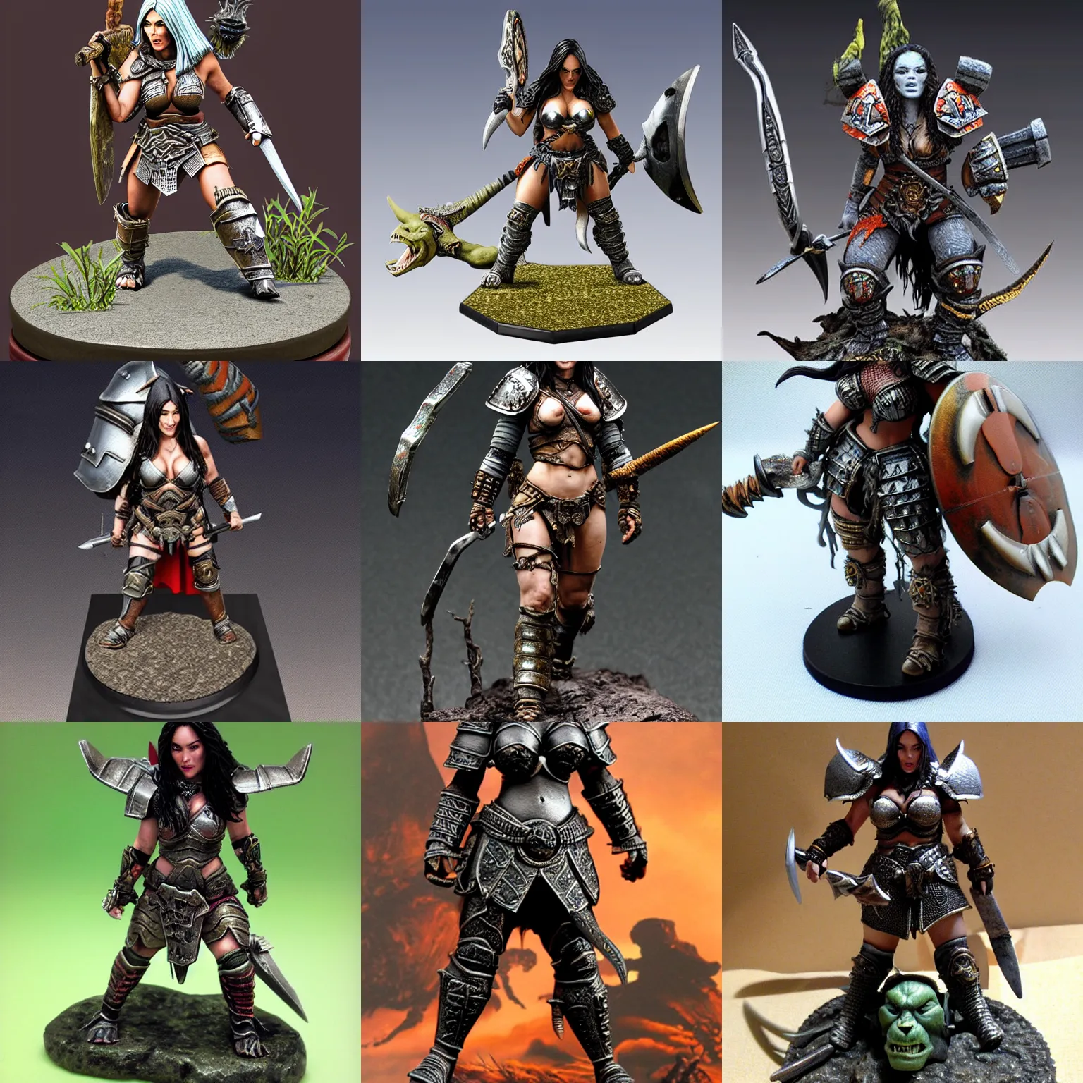Prompt: 80mm resin detailed Miniature of Megan Fox in armor is talking with an orc warrior; Image on the store website, eBay