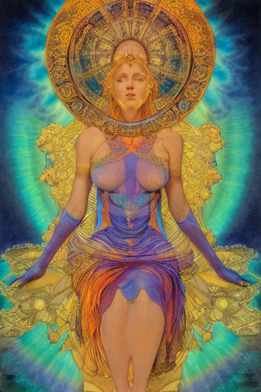 Image similar to beautiful goddess of space and dreams by maxfield parrish, mandala, coherent design, symmetrical, vivid colors, digital watercolor ink illustration painting, complementary color, golden ratio, detailed, sharp lines, sharp focus, intricate, rainbowshift, artgerm, gustave dore, alphonse mucha, octane render