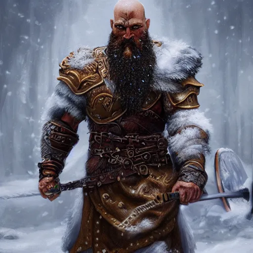 Image similar to oil painting highly detailed concept art golden cyborg kratos beard viking in snow walking 8 k, unreal engine 5
