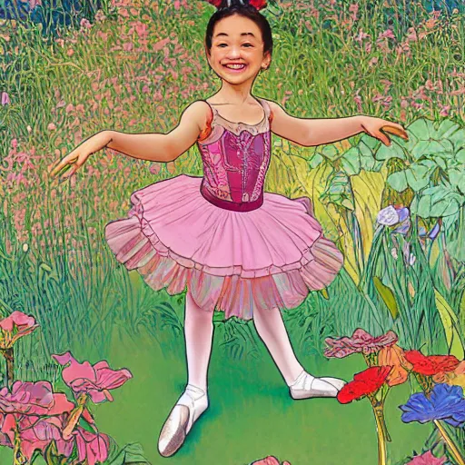 Prompt: a mixed race hapa five - year - old girl, dressed as a ballerina, performing at the washington dc botanical gardens, smiling into the camera, portrait, wide shot, midday light, bright colors, illustration, pop art, splash painting, art by geof darrow, ashley wood, alphonse mucha