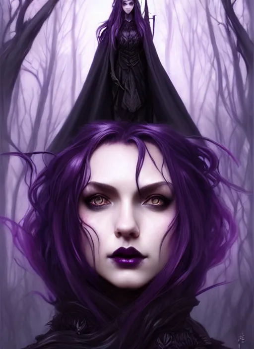 Image similar to frontal portrait dark witch, adventurer outfit large cloak, fantasy forest landscape, dragon scales, fantasy magic, undercut hairstyle, witch purple black fade hair, dark light night, intricate, elegant, sharp focus, illustration, highly detailed, digital painting, concept art, matte, art by wlop and artgerm and greg rutkowski and alphonse mucha, masterpiece