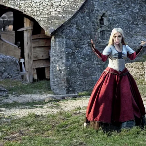 Prompt: scene from a 2 0 1 0 film set in medieval scandinavia showing a woman giving the v sign