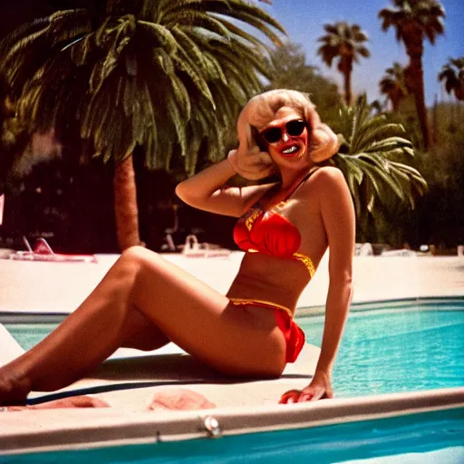 Prompt: Beautiful photogenic retro woman with sunglasses and bikini relaxing in a lounge chair beside a pool in Palm Springs, California, vintage photo, wide shot, depth of field, hyperrealistic, 1960s