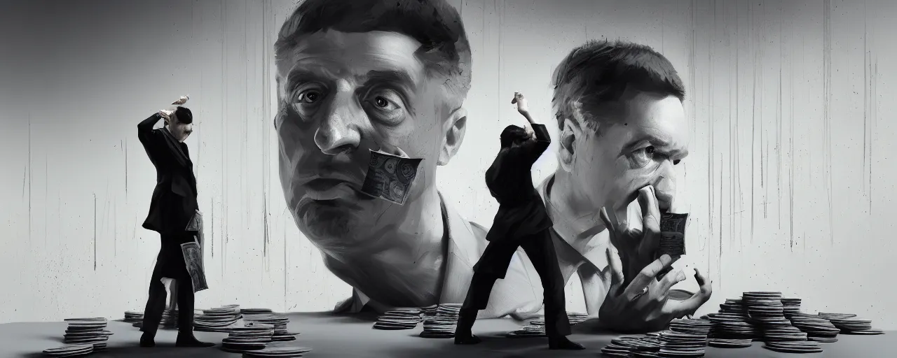 Image similar to duotone white concept 3 / 4 portrait of vincent mcmahon counting and smelling pack of dollars. accidental renaissance. concept by stanley kubrick dr strangelove style and sergey kolesov and ruan jia and heng z. graffiti art, scifi, fantasy, hyper detailed. octane render. trending on artstation