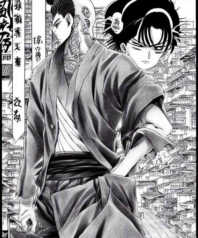 Image similar to A manga cover about a shaved-headed scarred solo yakuza standing on the sidewalk. Sharp high quality manga cover, fine details, straight lines, architecture in the background, masterpiece, art, highly detailed drawing by Hirohiko Araki, Akatsuki Akira, Kentaro Miura