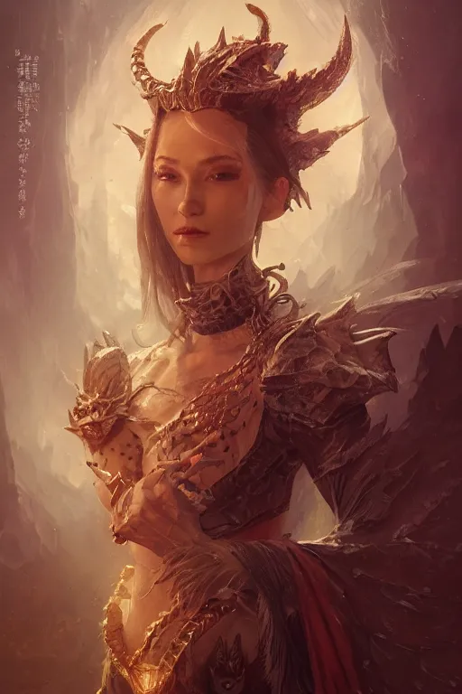 Image similar to a fancy portrait of a dragon queen by Greg Rutkowski, Sung Choi, Mitchell Mohrhauser, Maciej Kuciara, Johnson Ting, Maxim Verehin, Peter Konig, final fantasy , mythical, 8k photorealistic, cinematic lighting, HD, high details, atmospheric,