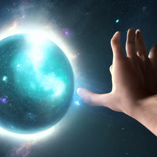 Image similar to a giant god like being holding the universe in the palm of his hand with galaxies in the backround, 8 k, unreal engine 6, hyper realism,