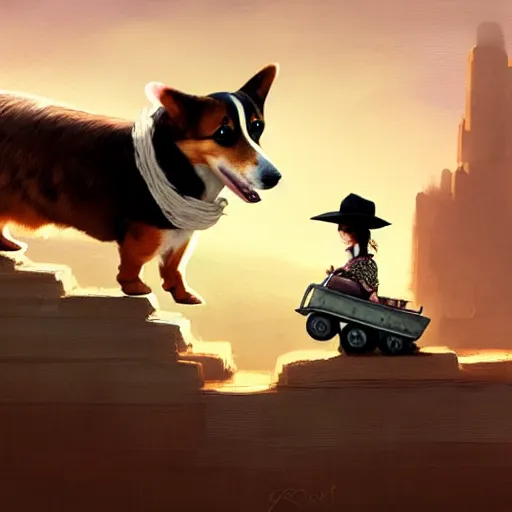 Image similar to tiny cat as a girl in cowboy hat riding on the back of a giant corgi by greg rutkowski