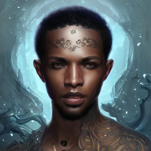 Image similar to a light skinned black man, short hair, photographer, using a macbook, happy, creative, fantasy digital painting, stunning intricate details, artwork by ross tran and greg rutkowski