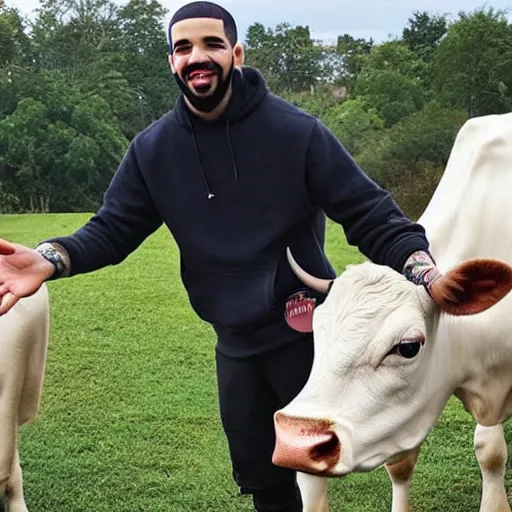 Prompt: a photo of drake, standing with a cow