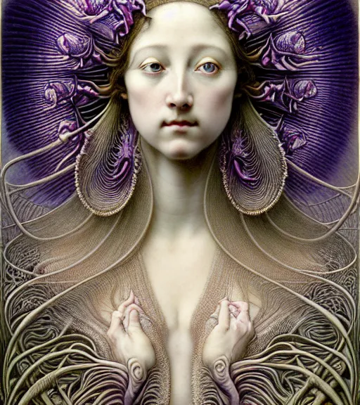 Image similar to beautiful young orchid queen detailed realistic porcelain face portrait by jean delville, gustave dore, iris van herpen and marco mazzoni, art forms of nature by ernst haeckel, art nouveau, symbolist, visionary, gothic, neo - gothic, pre - raphaelite, fractal lace, intricate alien botanical biodiversity, surreality, hyperdetailed ultrasharp octane render