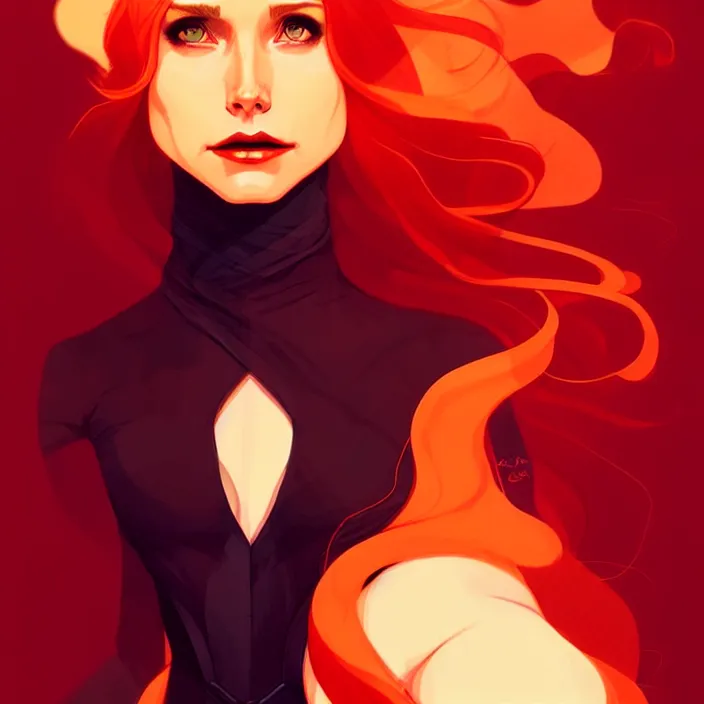 Prompt: style artgerm, joshua middleton, conrad roset, beautiful kristen bell with dark red dress, very long orange hair, symmetrical face, symmetrical eyes, fire powers fire swirling, detailed, volcano setting, cinematic lighting