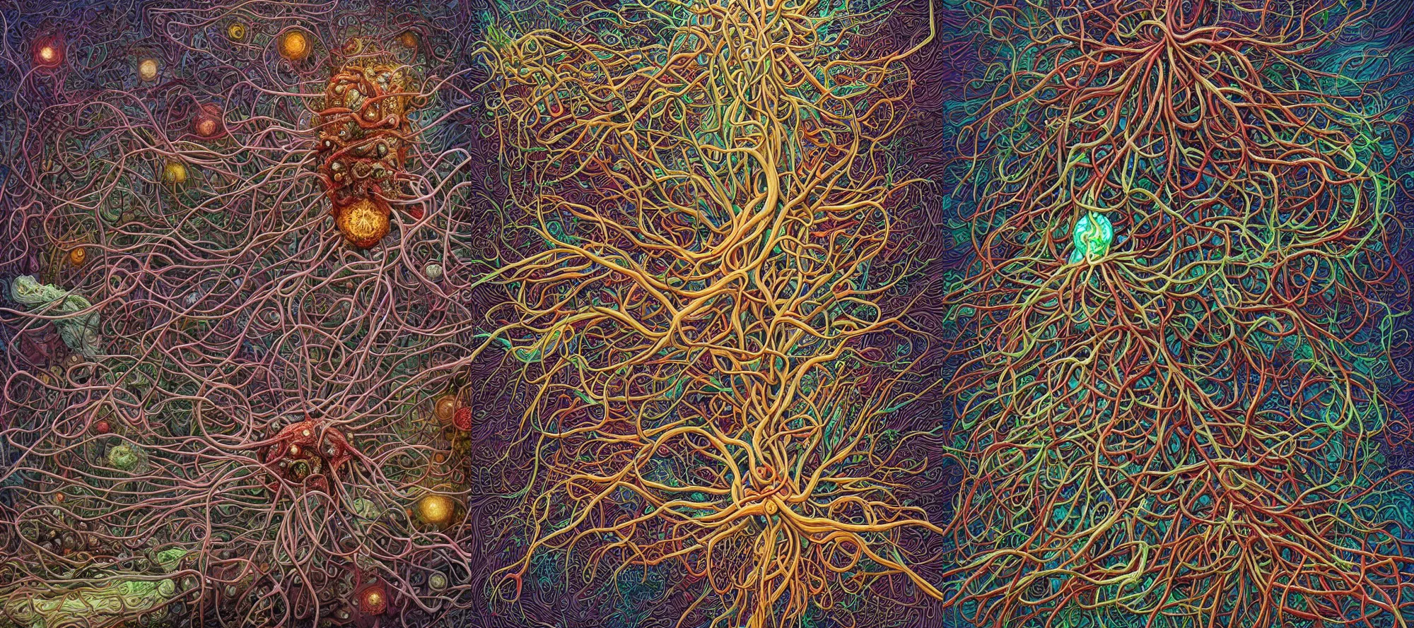 Prompt: A hyperrealistic mixed media relief of a network of viscera, nerves, skin, and veins. Shaped like virus and neurons. Lovecraftian, colorful, surreal. By Dan Mumford and Ian McQue and Karol Bak.