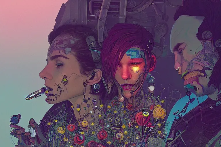 Prompt: punk androids with piercings, tattoos. smiling, happy. smoking a joint together in grasses and flowers. colorful. sci - fi. intricate. gorgeous detailed portrait. cinematic. sharp focus. octane. by stalenhag. kilian eng. mucha. alex gray. bibin. wlop.