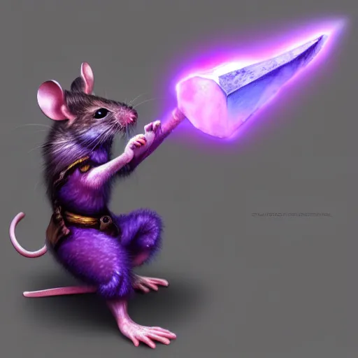 Prompt: mouse warrior reaching for a floating purple crystal with the other, Digital Oil Painting, trending on Artstation, highly detailed, 8k, UHD