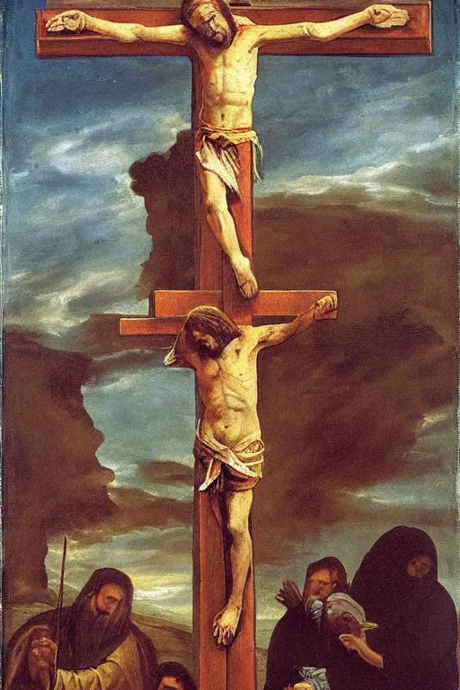 Prompt: “ garfield the cat on the cross in the painting ‘ christ crucified ’ by diego velazquez ”