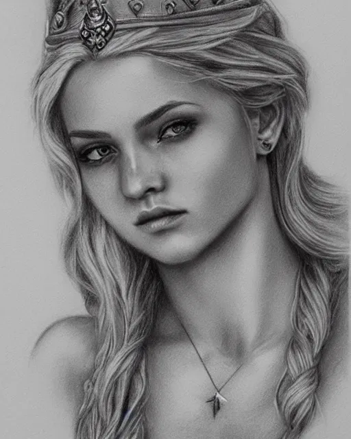 Prompt: pencil drawing of a beautiful greek goddess aphrodite with arrowhead jewelry, beautiful piercing eyes, beautiful blonde hair, hyper realistic face, in the style of greg rutkowski, fantasy, amazing detail, epic, elegant, smooth, sharp focus, from the front