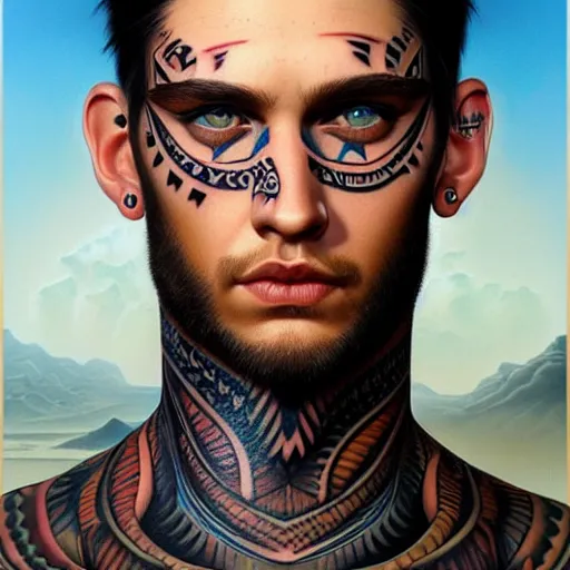 Prompt: ultra realistic portrait painting of a perfect handsome man blue eyes black hair, neck tribal snake tattoo, painted by Tristan Eaton Stanley Artgerm and Tom Bagshaw