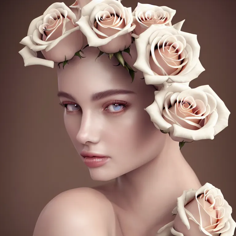 Image similar to wonderful princess with a clear skin ornate of cream liquid semi transparent roses, 8 k gorgeous delicate cream detailed, accent white lighting, dramatic light, octane render