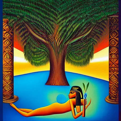 Prompt: painting of a peaceful Egyptian pharaoh relaxing under a tree by alex grey, acrylic art, calm, soothing, cosy, elegant, soft light,