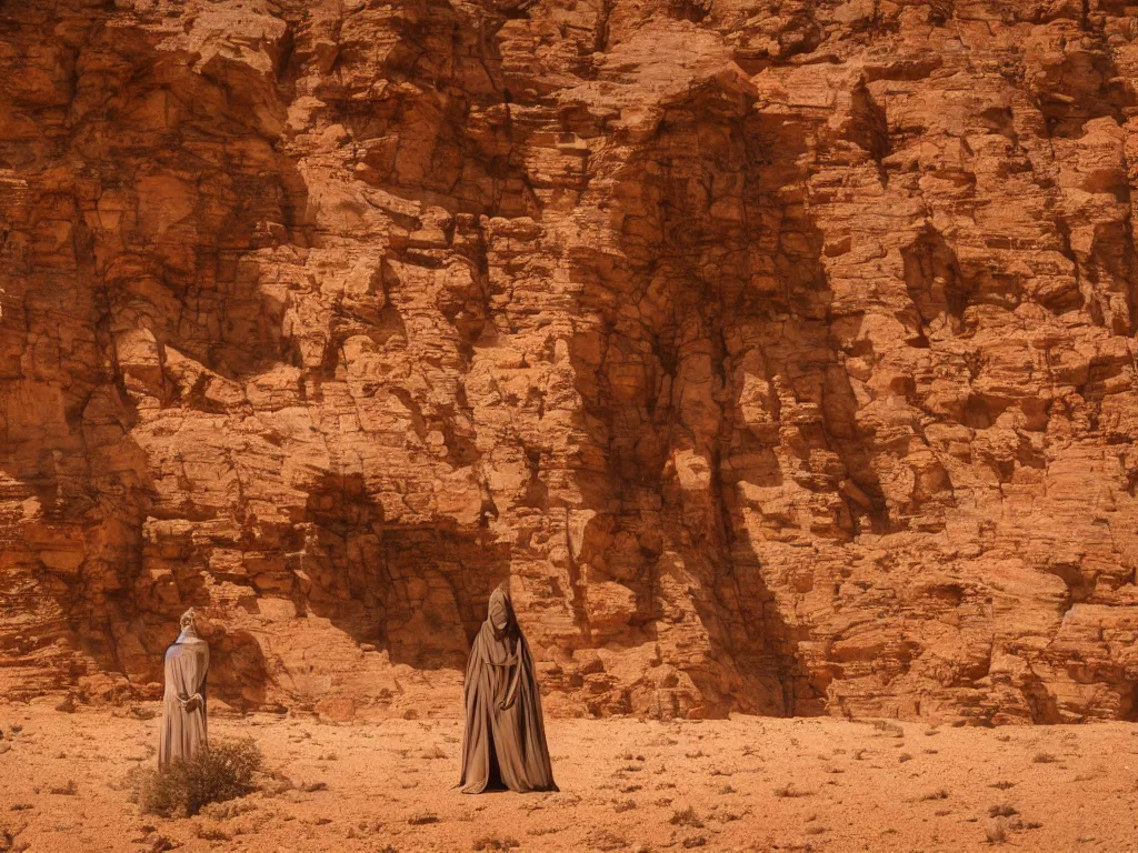 Prompt: levitating glowing bene gesserit in full - face golden mask and glowing eyes in a dry rocky desert landscape, sunny atmosphere, fata morgana giant mirrors, portal, death stranding, spaceship in the sky by christopher doyle and alejandro jodorowsky, anamorphic lens, kodakchrome, cinematic composition, very detailed photo, complex structures, 8 k,