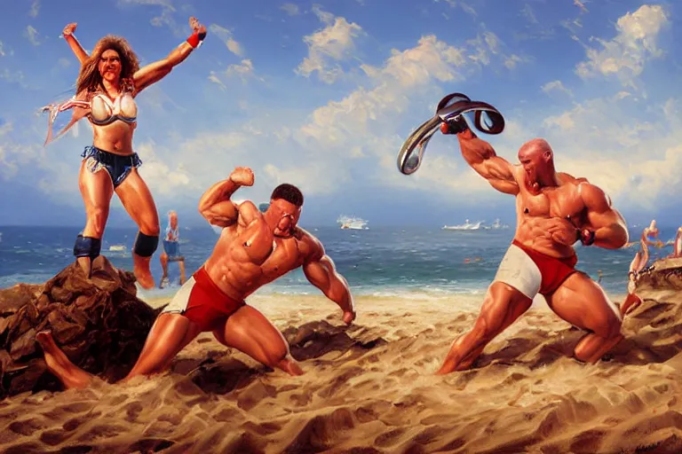 Image similar to portrait of american gladiators malibu and nitro on the beach, an oil painting by ross tran and thomas kincade