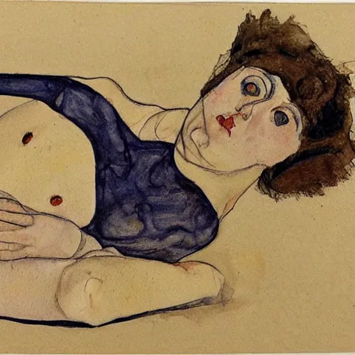 Image similar to pencil, ink and colour wash life drawing of reclining female, in the style of egon schiele