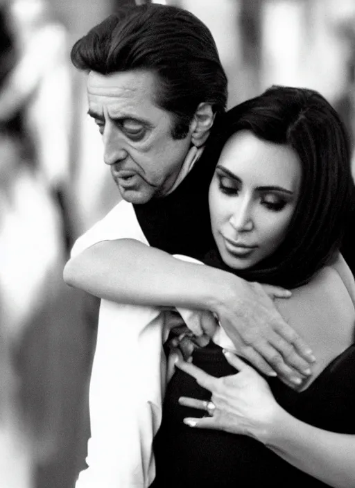 Image similar to film still of Al Pacino hugging kim kardashian in an episode of The Sopranos, 4k