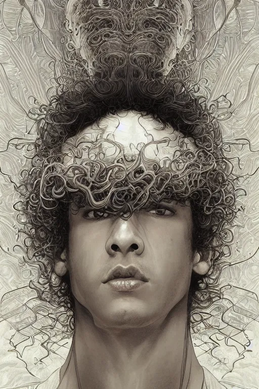 Image similar to a young mexican man with curly hair, by artgerm and yoshitaka amano and moebius and hr giger and zdislaw beksinski and alphonse mucha, hyperdetailed, symmetry, glamour, surreal, dc comics, ornate, stunning, nebula, explosions in the sky, trending on artstation