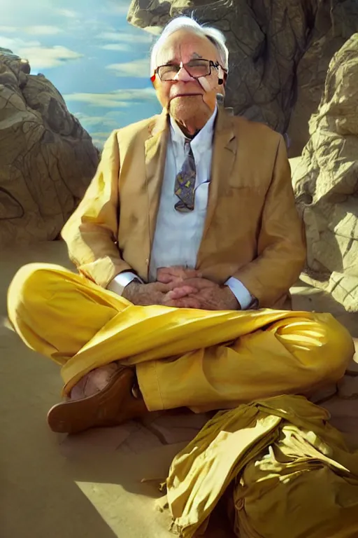 Image similar to warren buffet godly clothes meditating in the sun, yellow lighting ultra realistic photorealistic highly detailed high quality, a stunningly, digital painting, artstation, concept art, smooth, sharp focus, illustration, art by artgerm and greg rutkowski and alphonse mucha 8 k