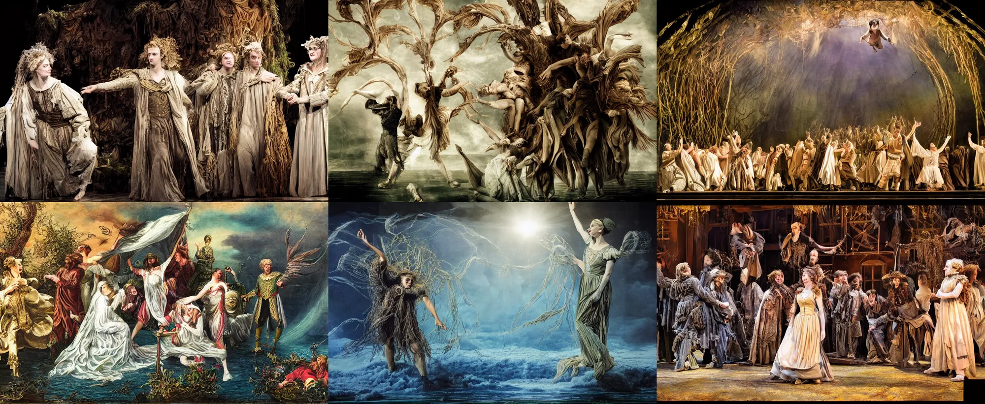 Prompt: a stylegan digital image trained on thousands of theater photos from famous Shakespearean stage productions of The Tempest, deep emotional, highly dramatic, dark and modern, photorealistic, award winning